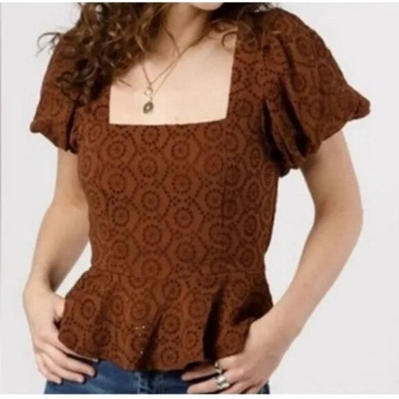 BOG Band Of The Free Eyelet Crop Top Women Medium Walnut Brown Boho Puff Sleeves - Picture 3 of 16